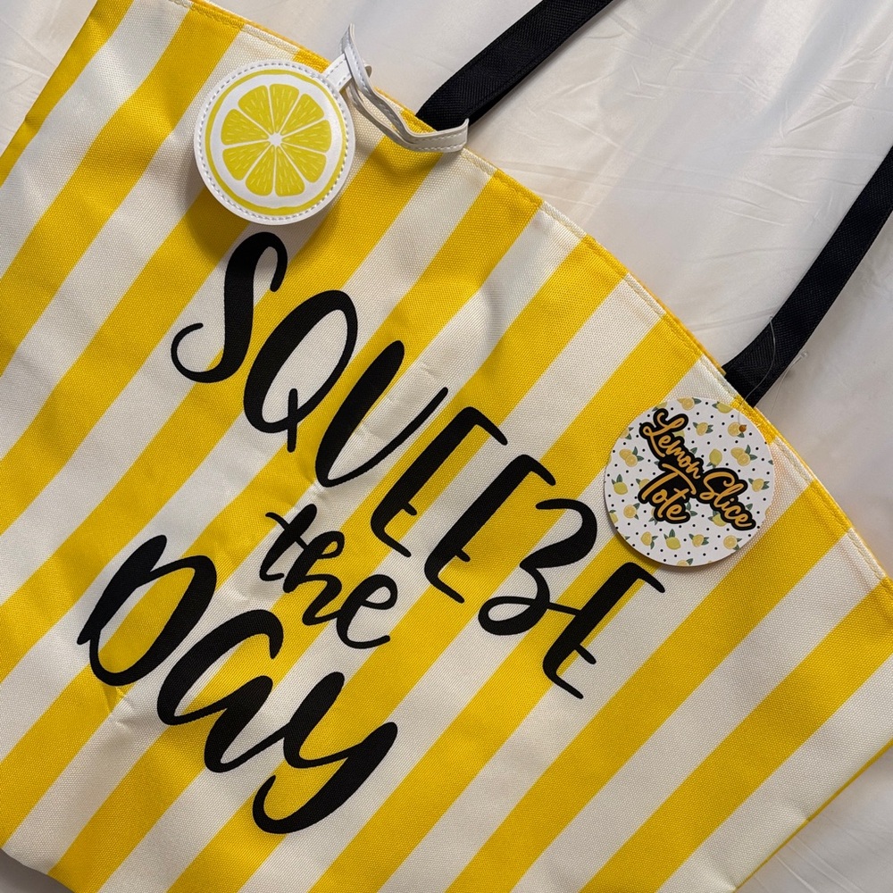 Striped Yellow & White Tote Beach or Pool Bag with Black Handles Squeeze the Day